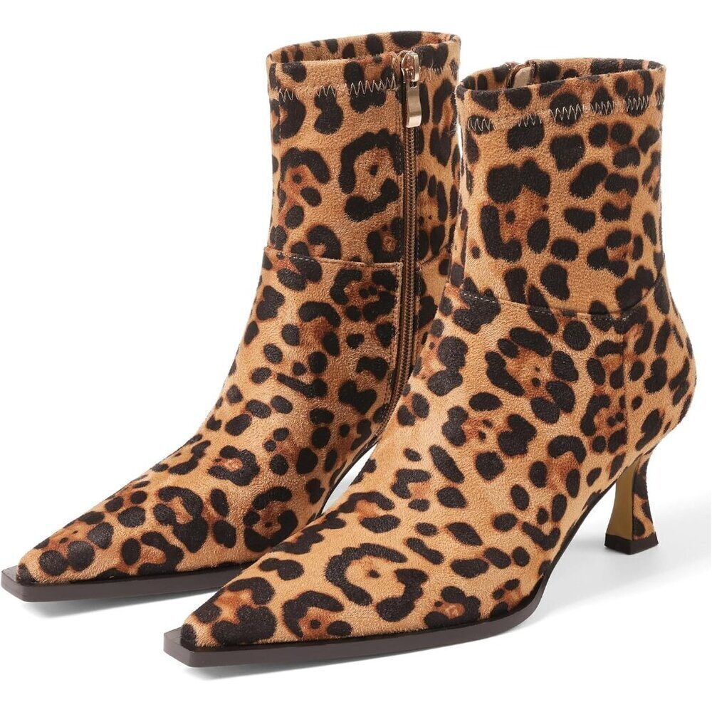 Women's Leopard Fall Side Zip Ankle Mid Calf Pointed Toe Kitten Heel Boots